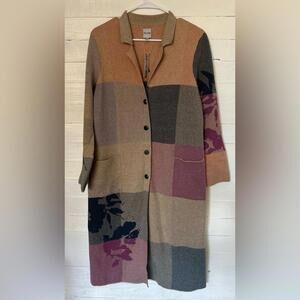 NWT Nic+Zoe long block snap up cardigan sweater. Tan, blue, pink, size small.